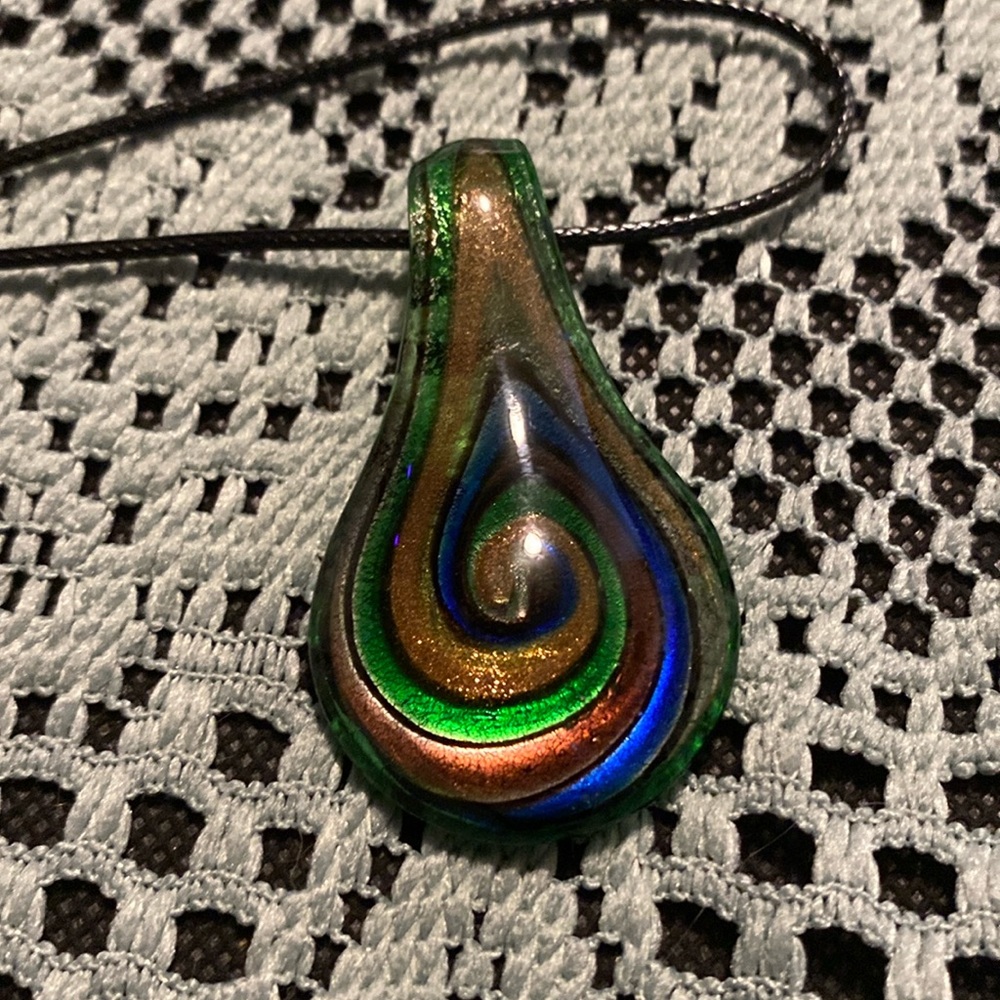 Blue, green and gold swirl blown glass pendant charm necklace.